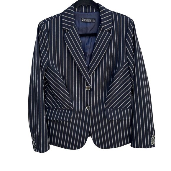 7th Avenue Design Studio Womens Preppy Navy White Pinstripe Blazer Jacket 10 - Picture 1 of 9
